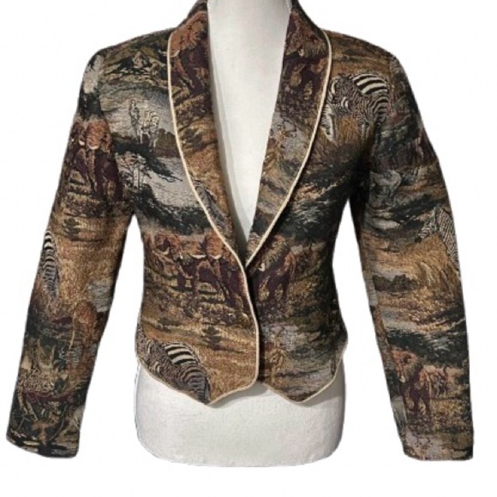 Elephant Zebra Tapestry Animal ANN ‘N’ EVE Safari Blazer Jacket Vintage Small